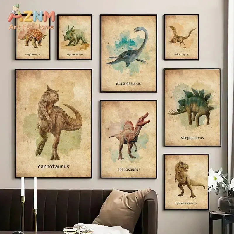 Kids Education Name - AZNM Vintage Dinosaur Canvas Wall Art